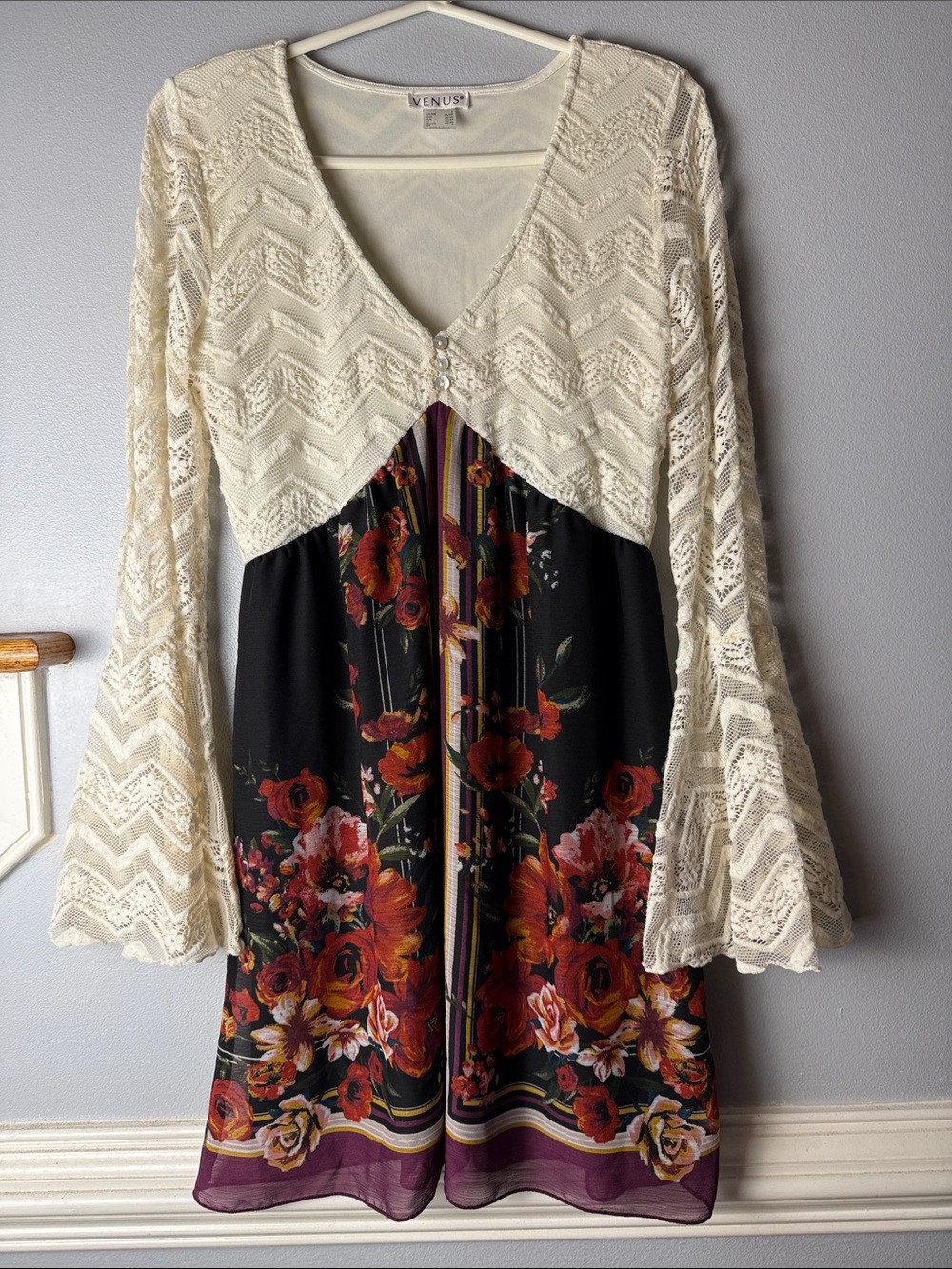 VENUS Cream Lace Bolero Over Black Floral Dress